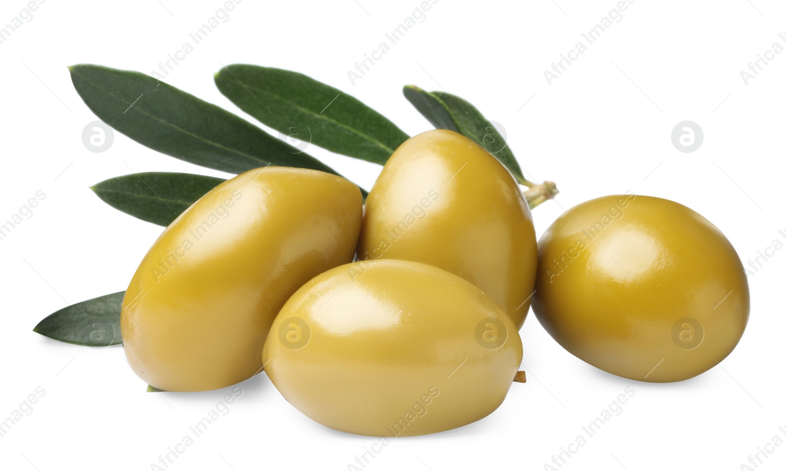 Photo of Olives with green leaves on white background