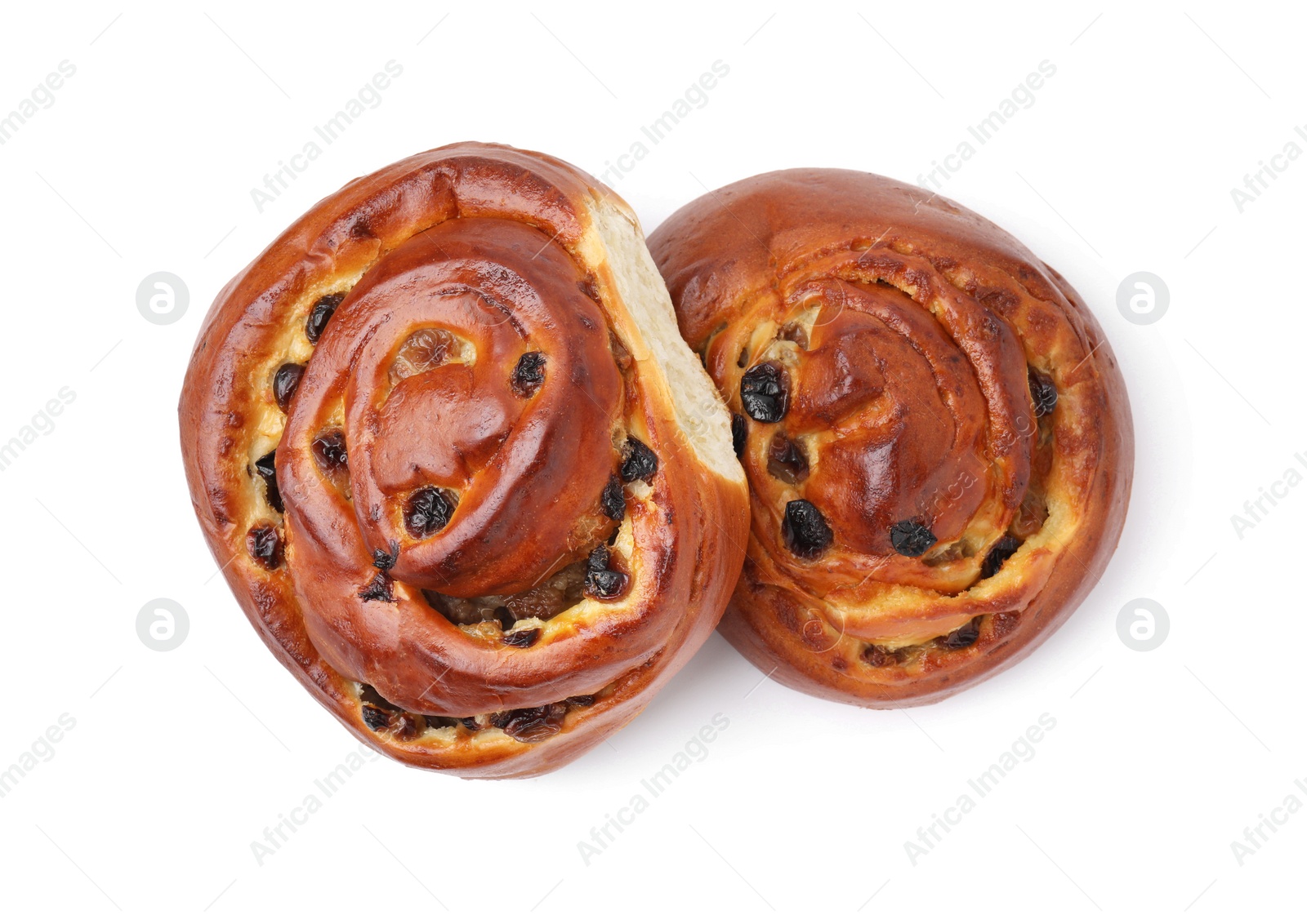 Photo of Delicious rolls with raisins isolated on white, top view. Sweet buns