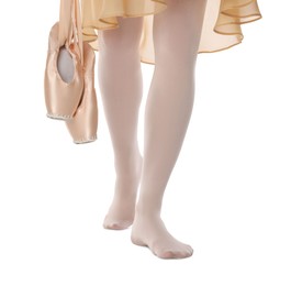 Photo of Ballerina holding pointe shoes on white background, closeup