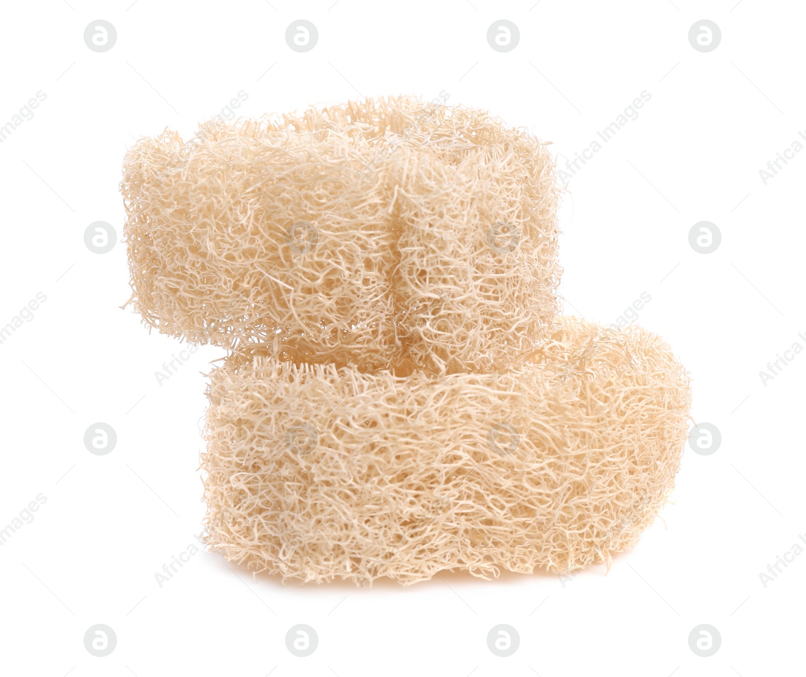 Photo of Loofah sponges isolated on white. Personal hygiene product