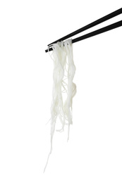 Photo of Chopsticks with tasty cooked rice noodles isolated on white