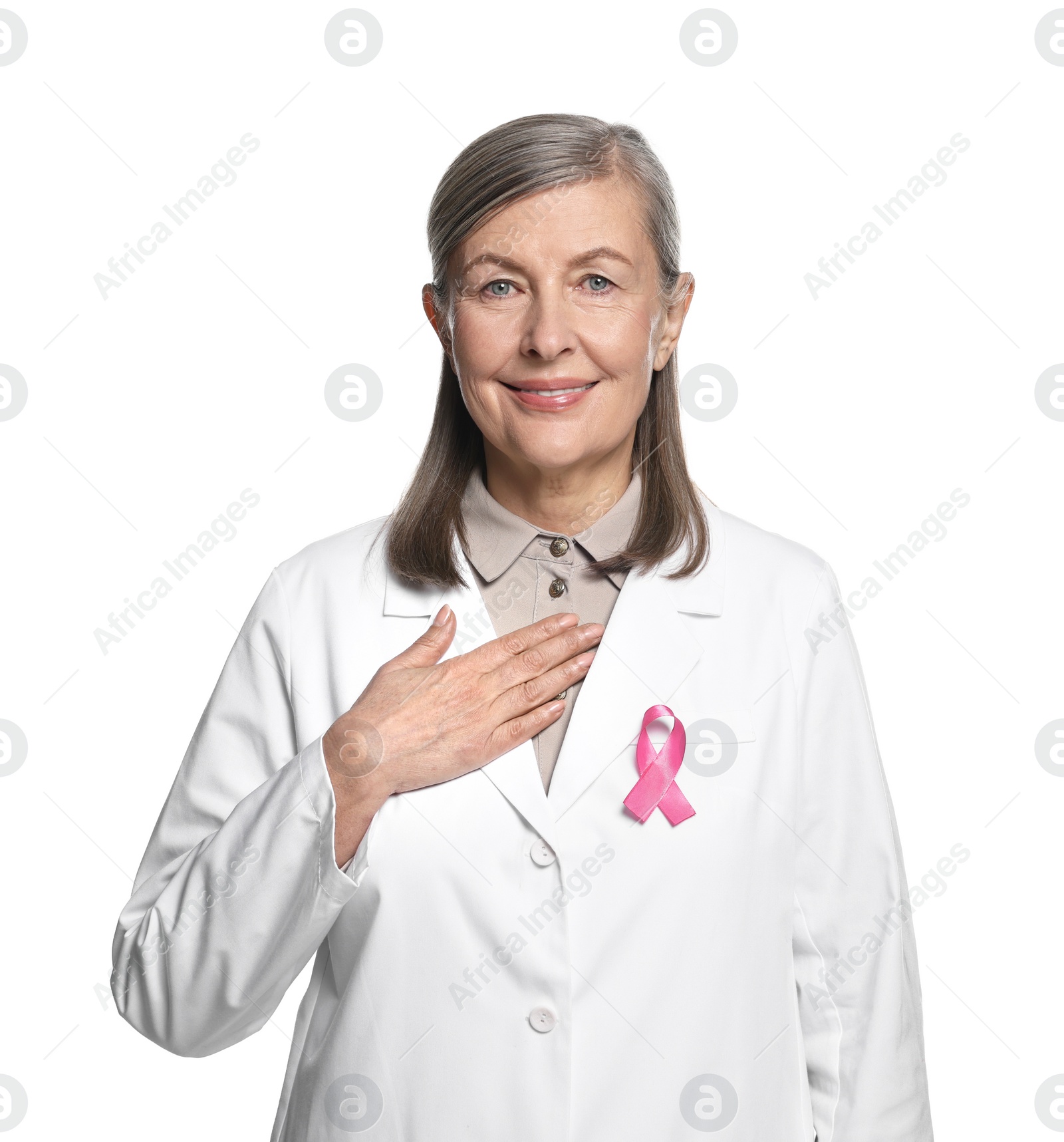 Photo of Mammologist with pink ribbon on white background. Breast cancer awareness