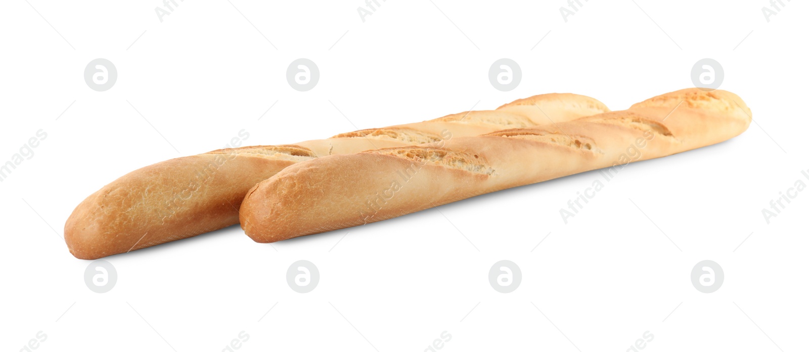 Photo of Tasty baguettes on white background. Fresh bread