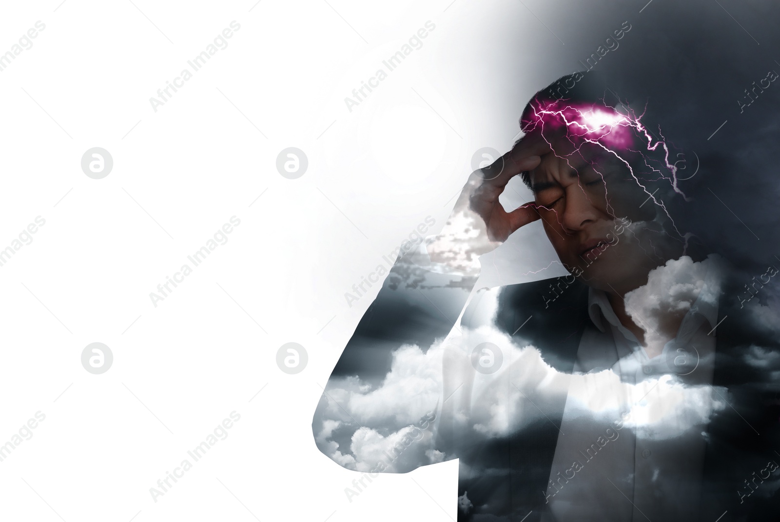 Image of Headache. Double exposure of man and lightning on white background