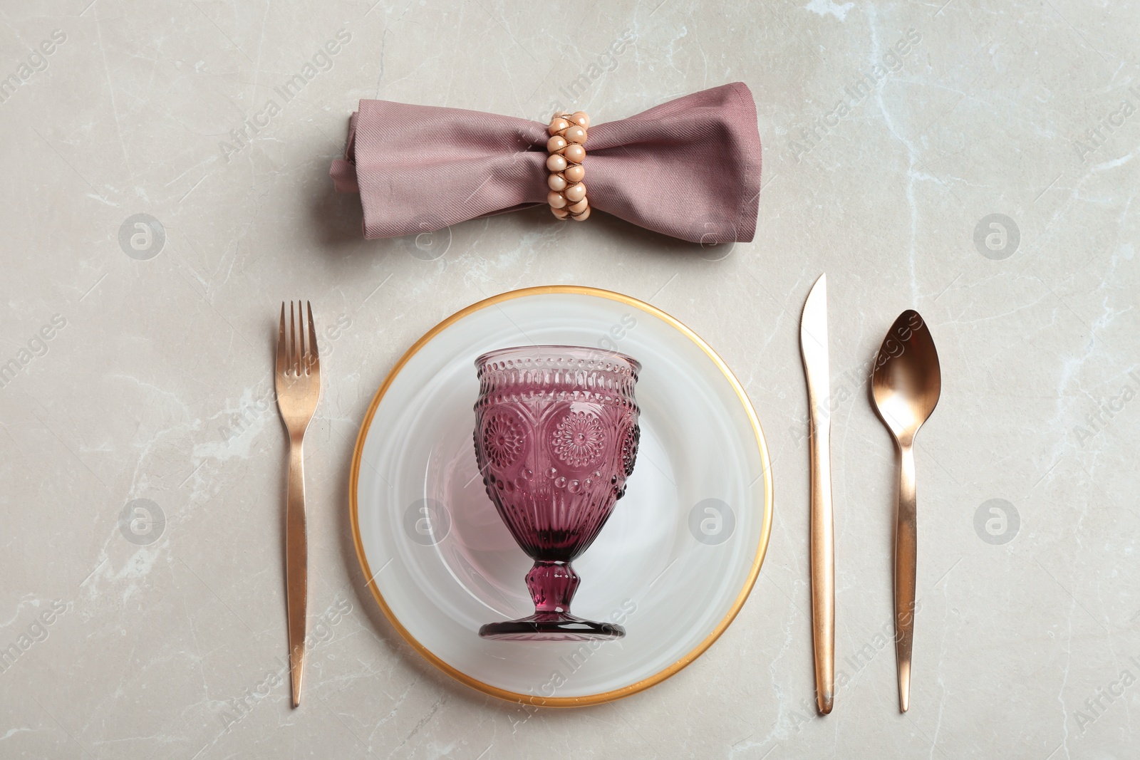 Photo of Elegant table setting on grey marble table, flat lay