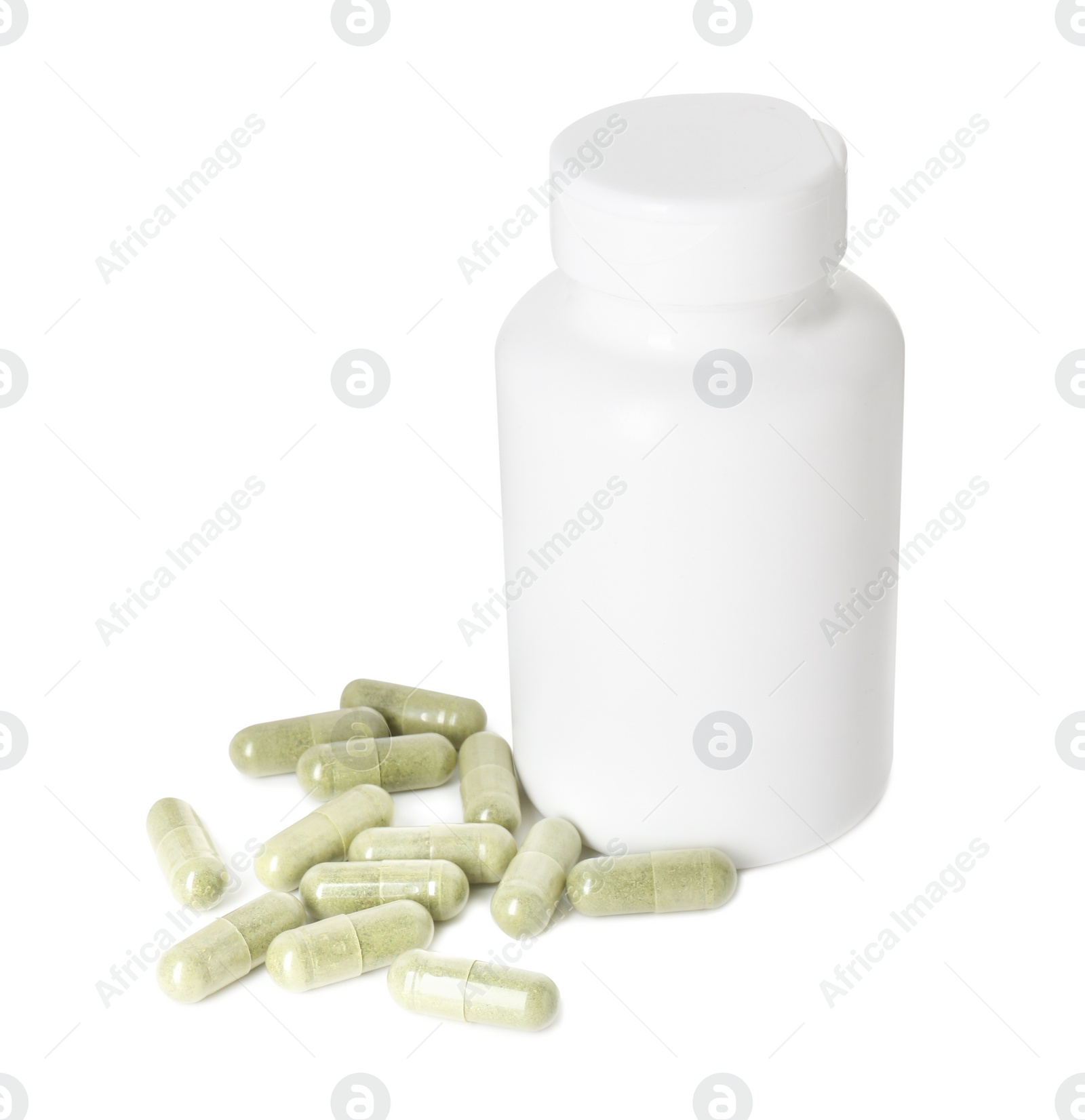 Photo of Bottle and pile of vitamin pills isolated on white