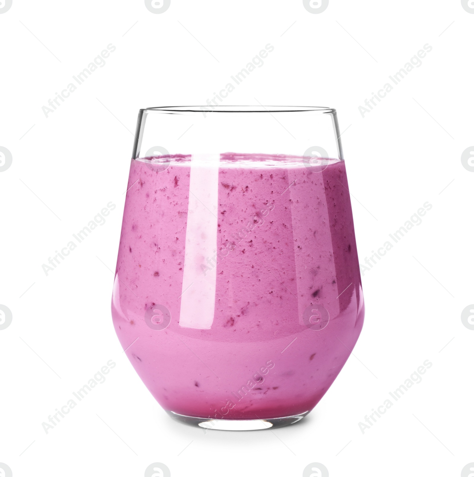 Photo of Glass with blackberry yogurt smoothie on white background