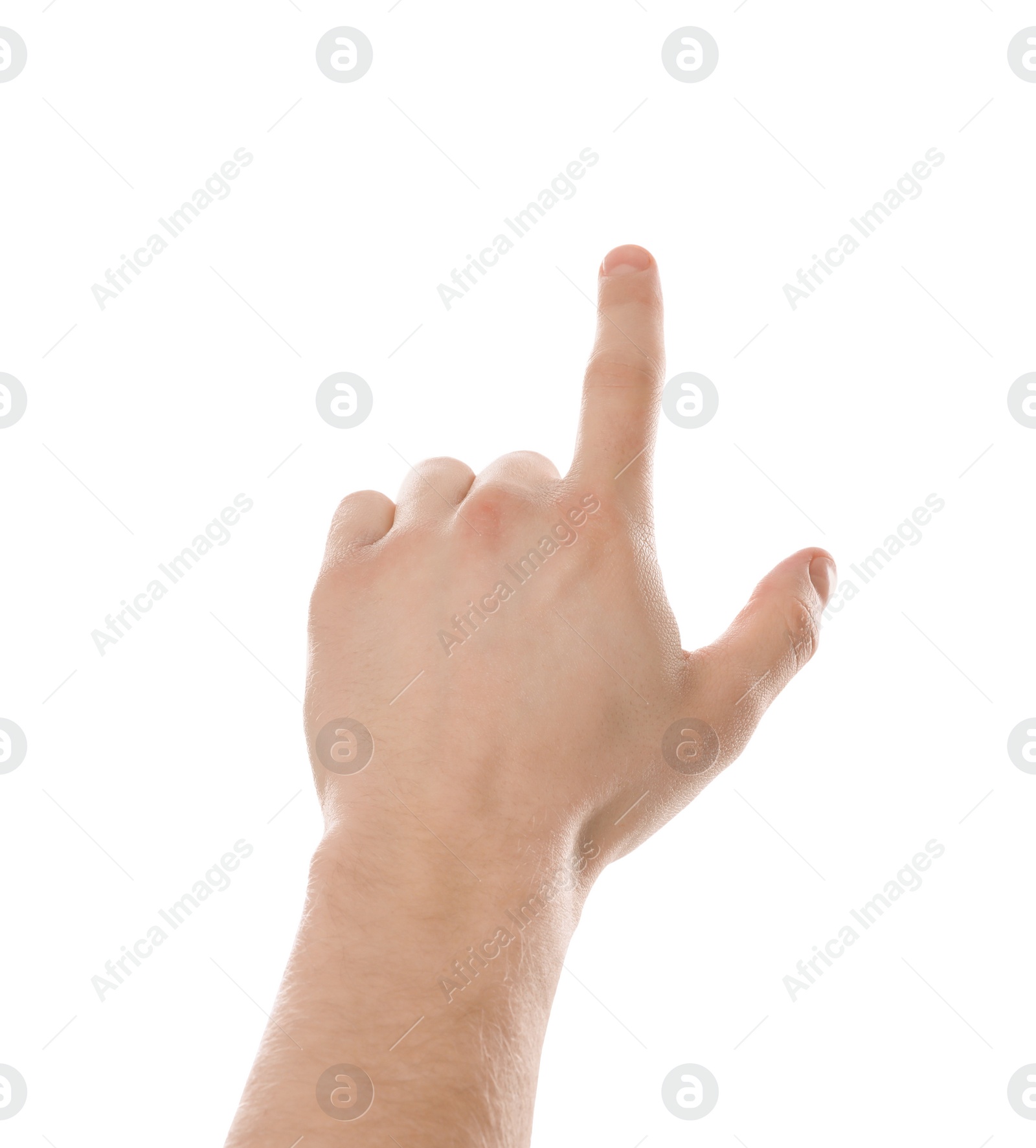 Photo of Man pointing at something on white background, closeup of hand