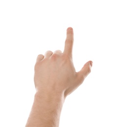 Photo of Man pointing at something on white background, closeup of hand