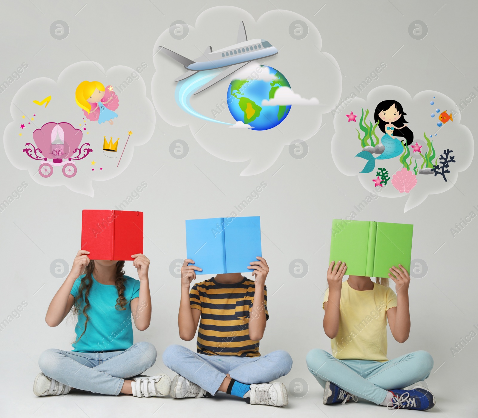 Image of Children reading books on light grey background