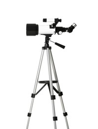 Photo of Tripod with modern telescope on white background