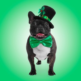 Image of St. Patrick's day celebration. Cute French bulldog with bow tie and leprechaun hat on green background