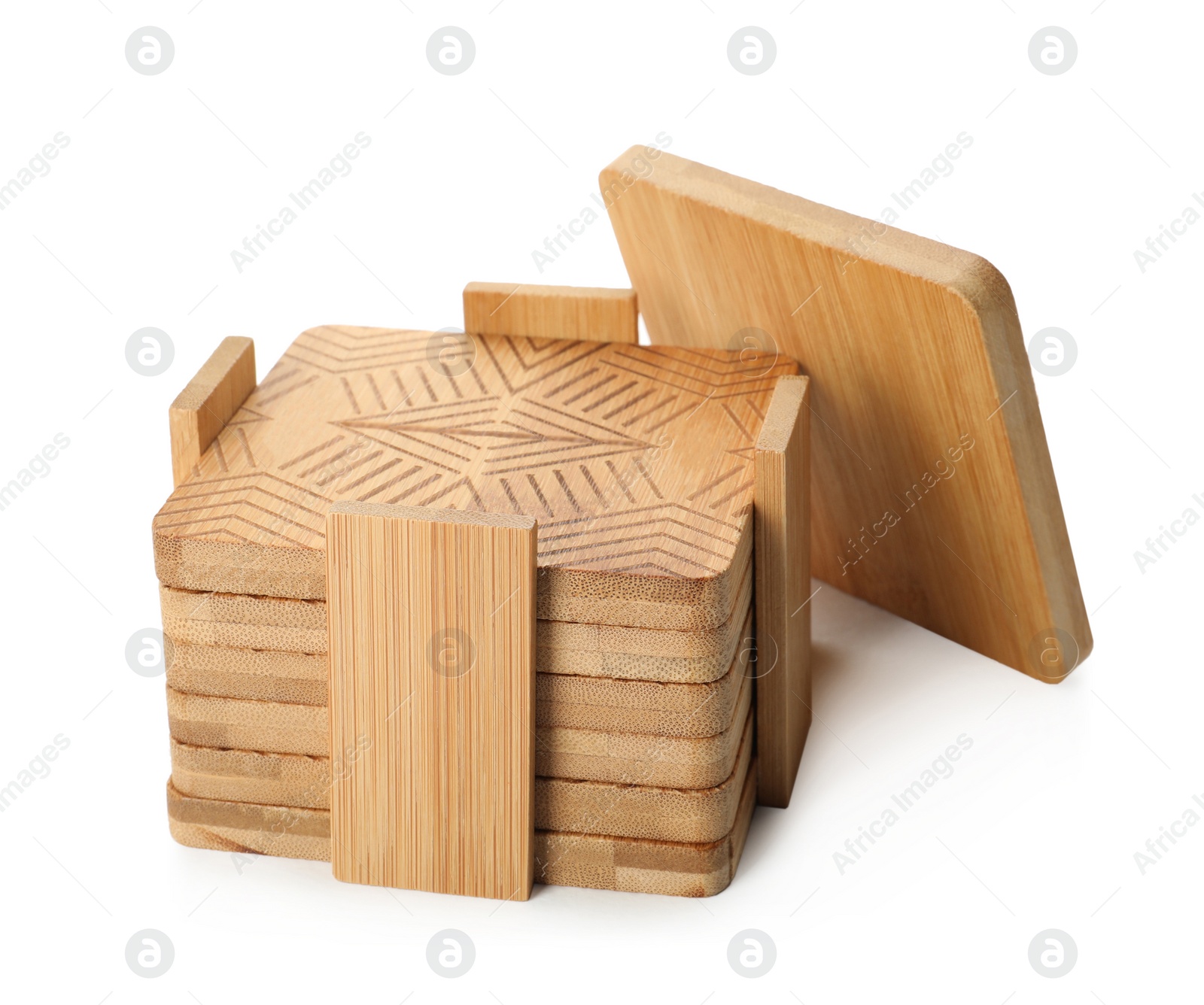 Photo of Stylish wooden cup coasters and holder on white background