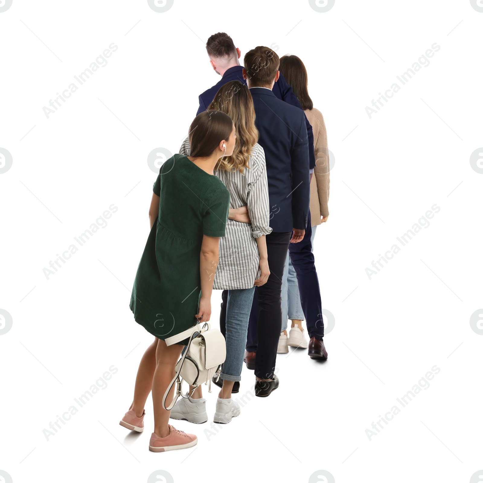 Image of People waiting in queue on white background, back view