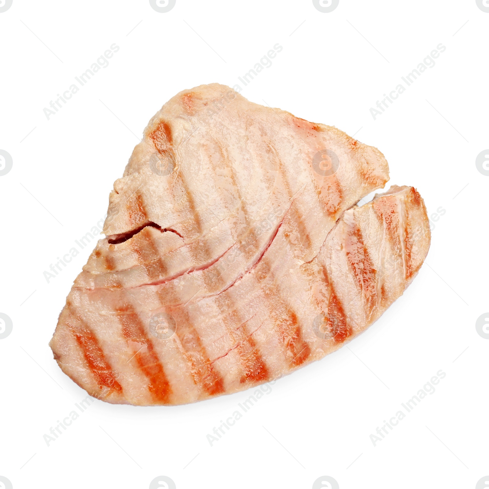 Photo of Delicious grilled tuna steak isolated on white, top view