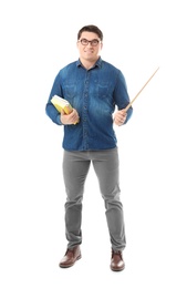 Male teacher with notebooks and pointer on white background