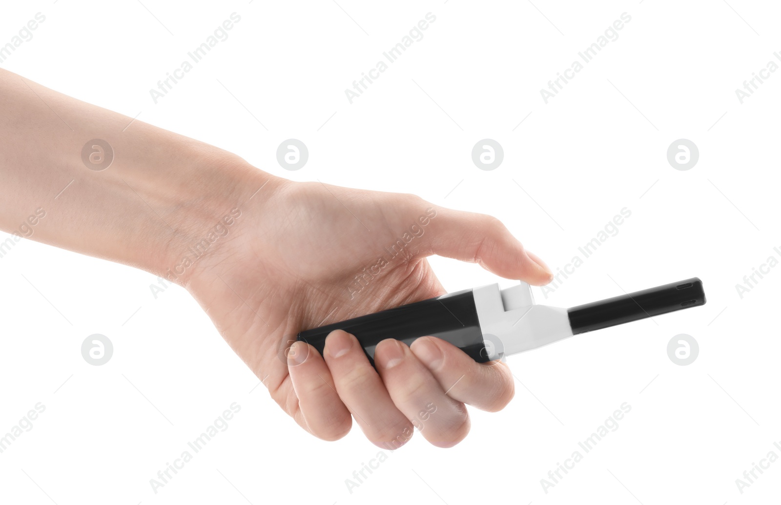 Photo of Woman holding gas lighter on white background, closeup