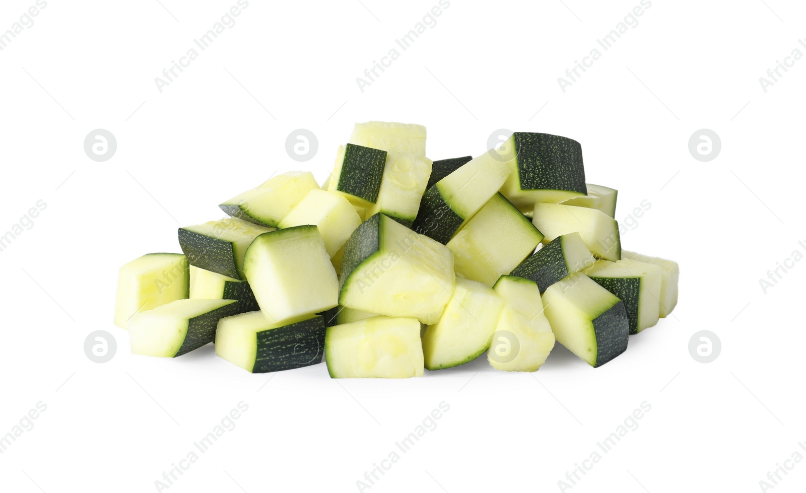 Photo of Pieces of ripe zucchini on white background