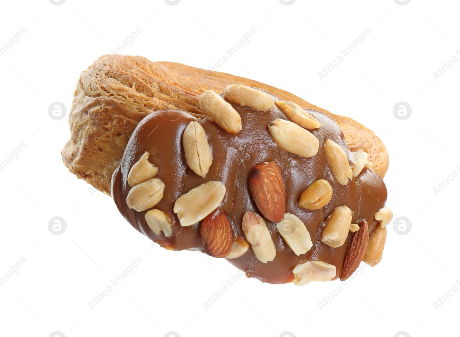 Photo of One supreme croissant with chocolate paste and nuts on white background. Tasty puff pastry