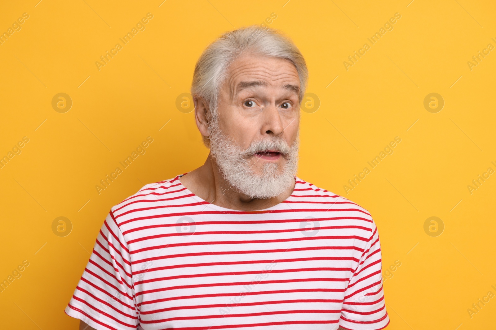 Photo of Senior man with mustache on orange background