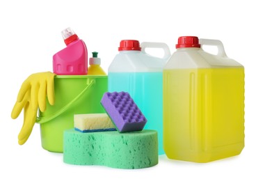 Photo of Set of different cleaning supplies on white background