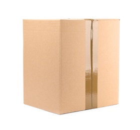 One closed cardboard box on white background