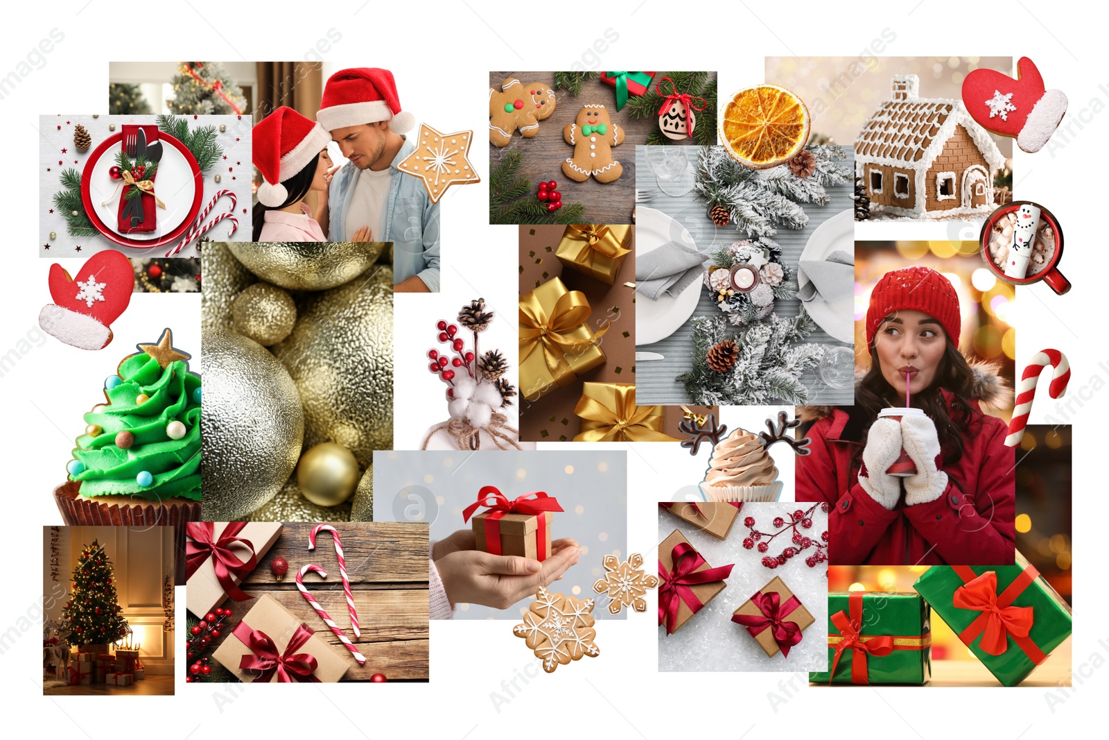 Image of Photos of Christmas holidays combined into collage on white background