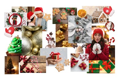 Image of Photos of Christmas holidays combined into collage on white background