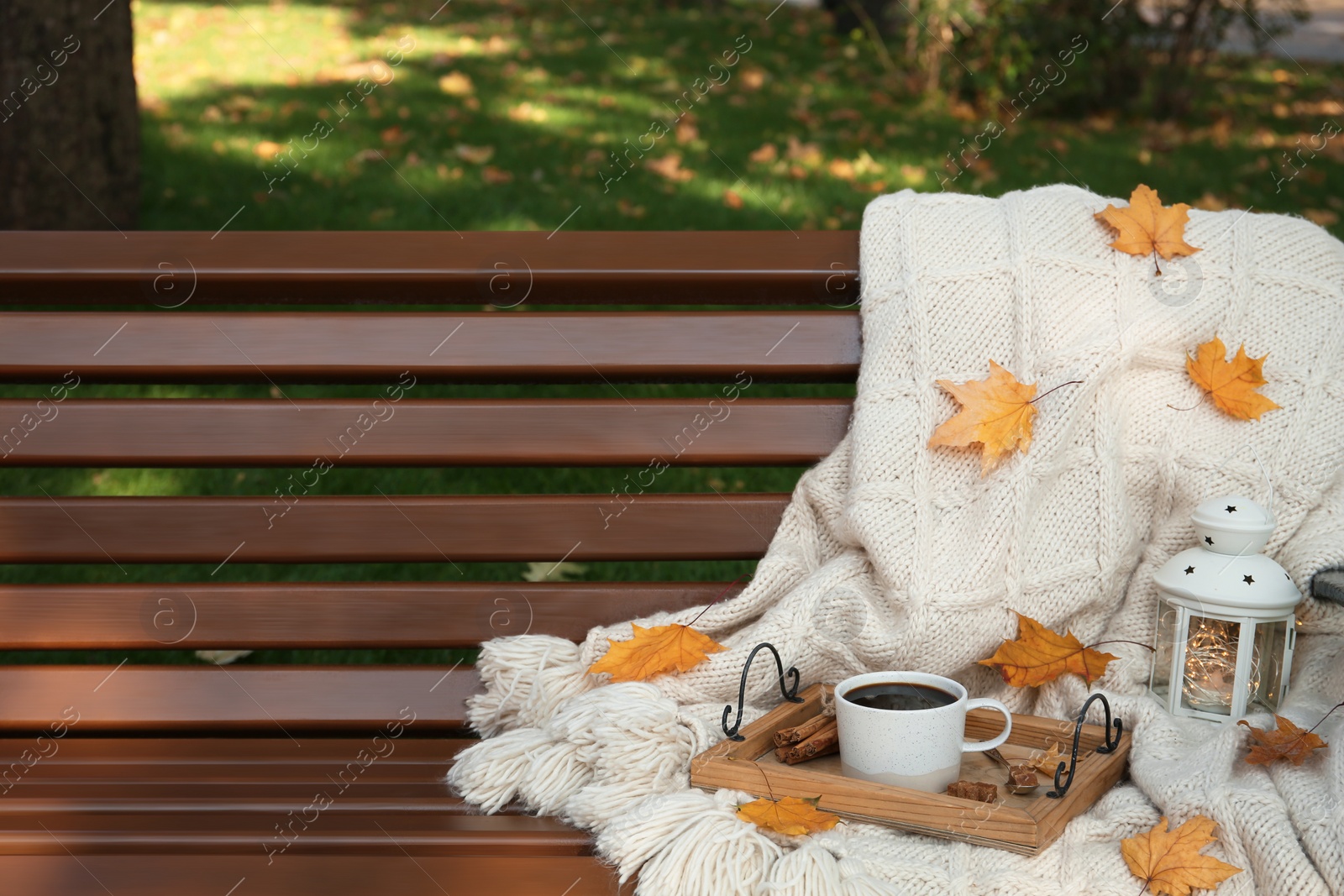 Photo of Wooden tray with cup of coffee, lantern and plaid on bench in autumn park. Space for text