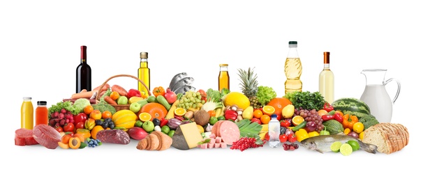 Image of Assortment of fresh organic products on white background. Balanced food