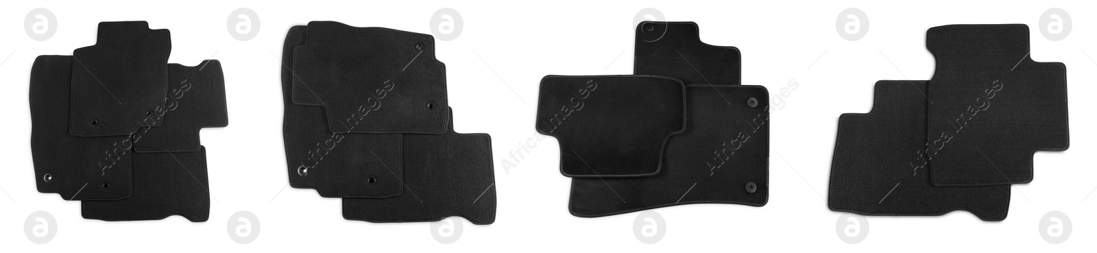 Image of Set with black car floor mats on white background, top view. Banner design