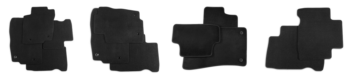 Image of Set with black car floor mats on white background, top view. Banner design