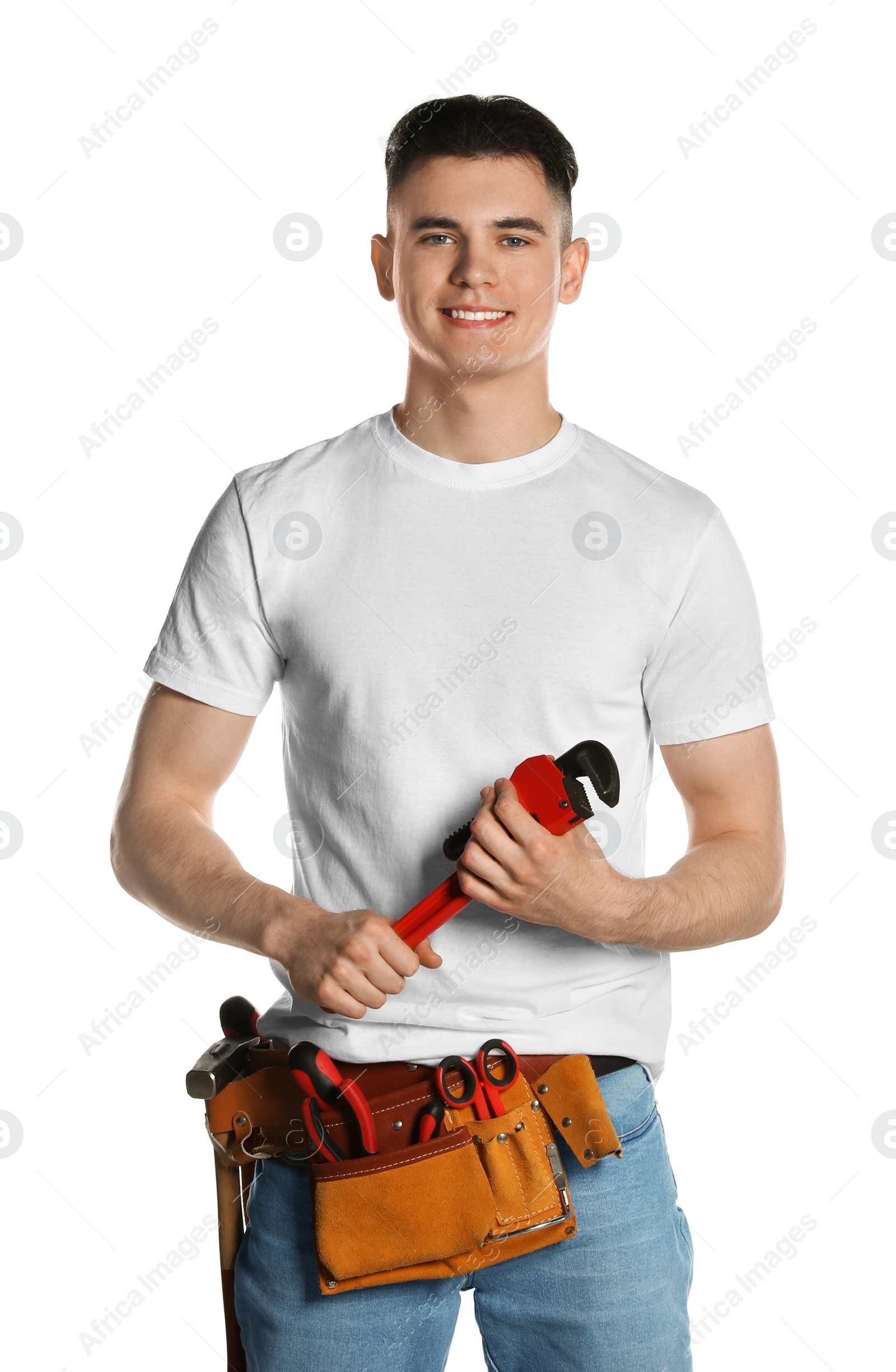 Photo of Handyman with tool belt and pipe wrench isolated on white