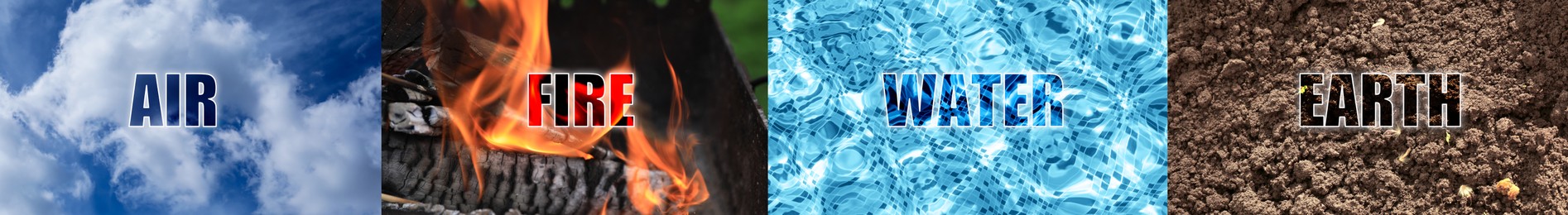 Image of Set of four elements with its names. Air, Fire, Water and Earth