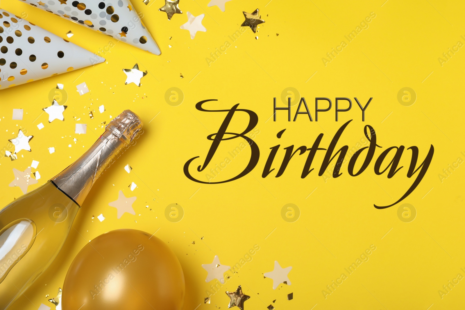 Image of Happy Birthday! Flat lay composition with party decor and bottle of sparkling wine on yellow background 