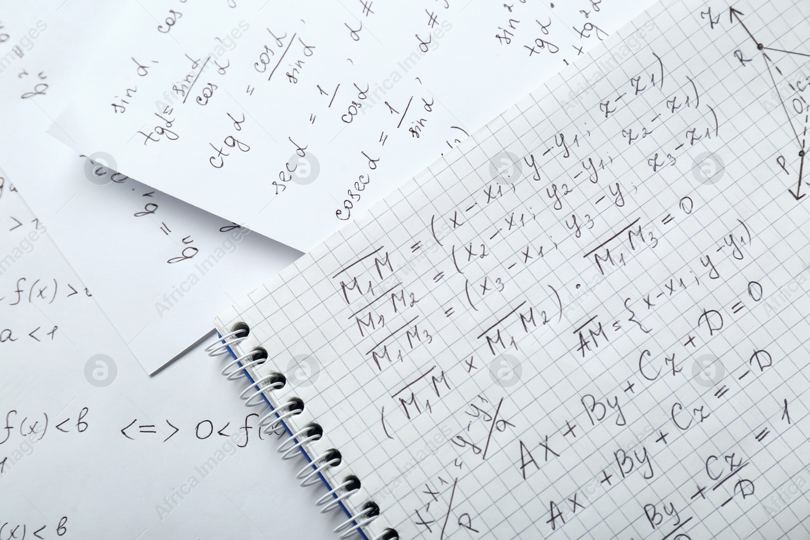 Photo of Sheets of paper with different mathematical formulas, top view