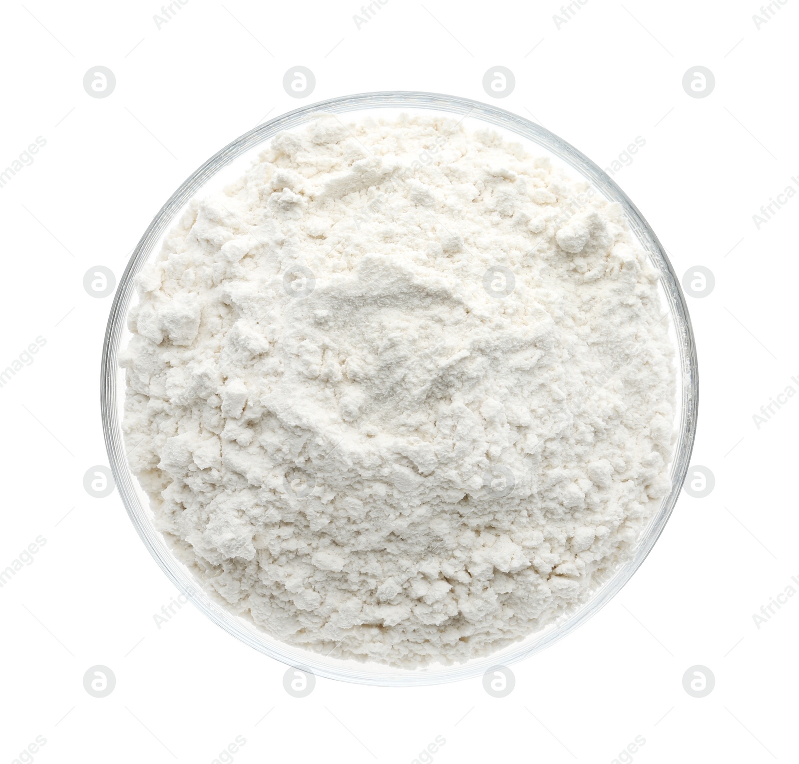 Photo of Organic flour in bowl isolated on white, top view