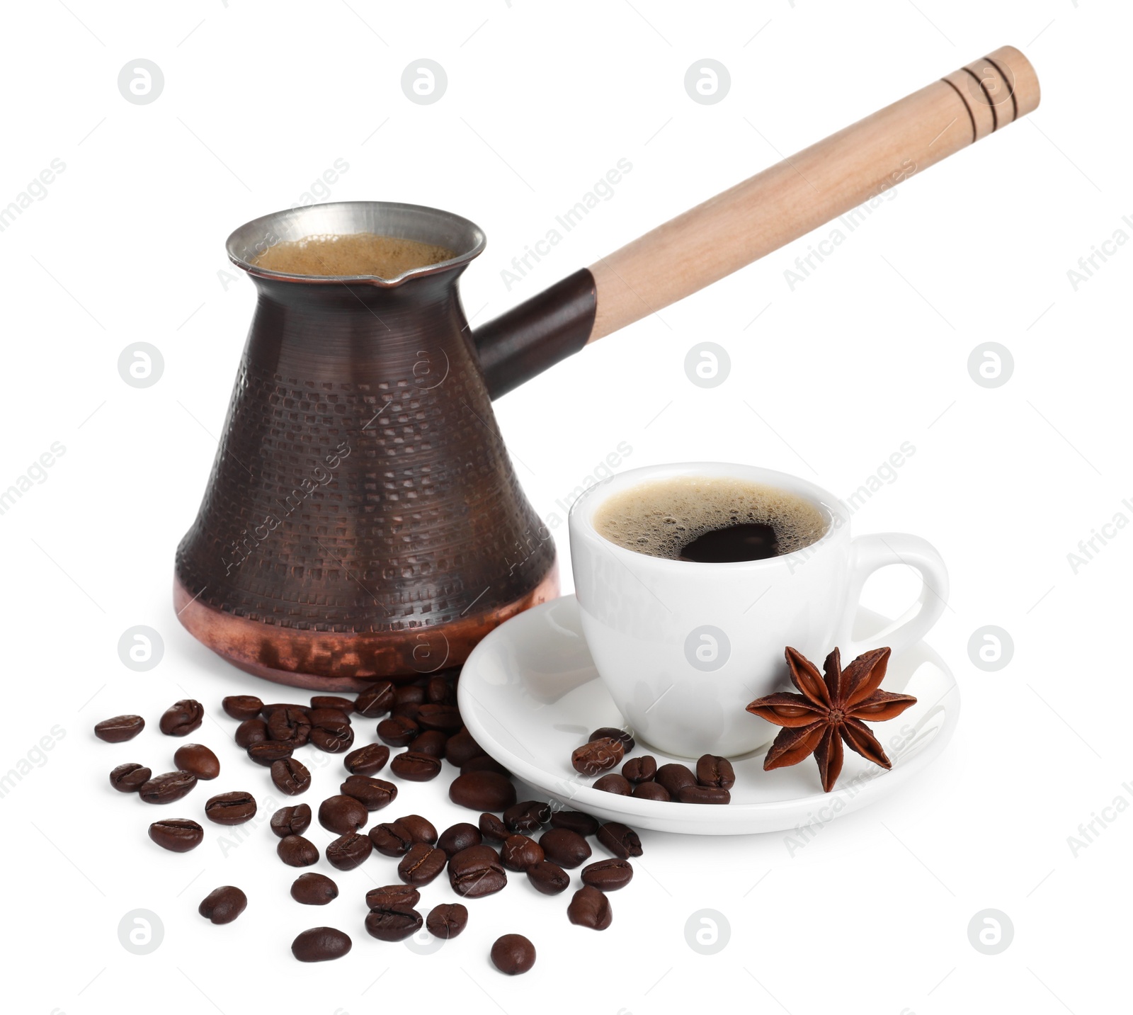 Photo of Metal turkish coffee pot, cup of hot drink and beans on white background