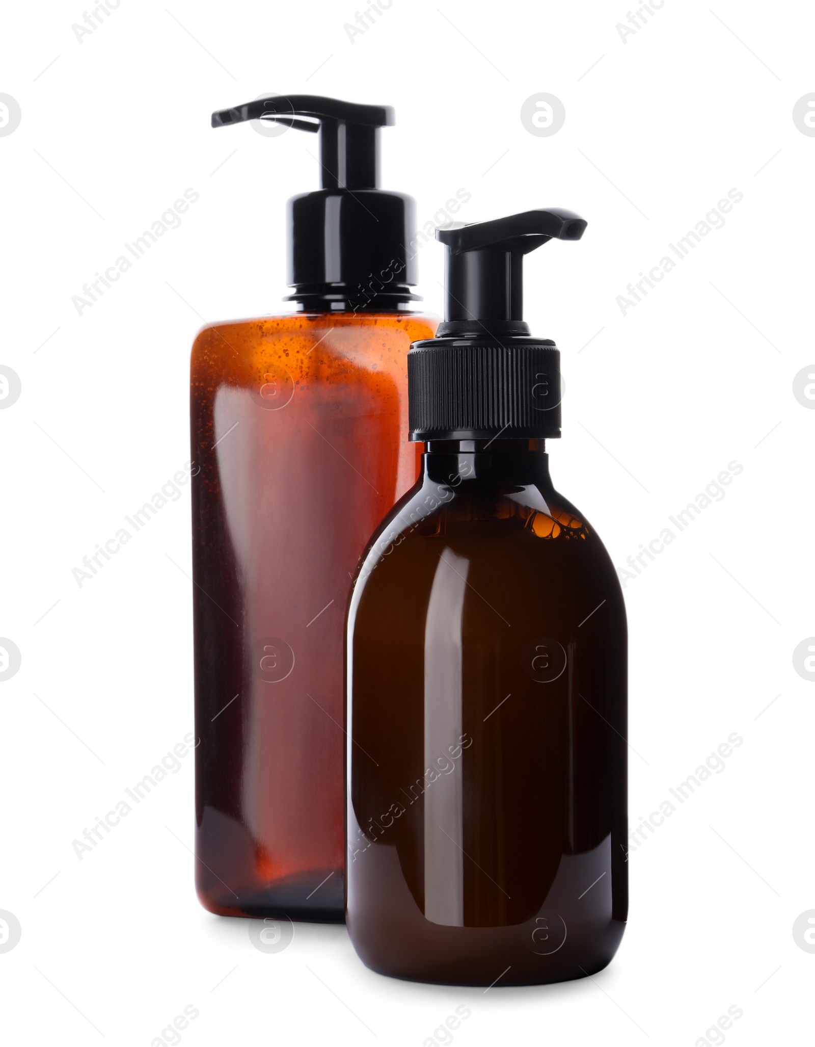 Photo of Bottles with personal hygiene products on white background