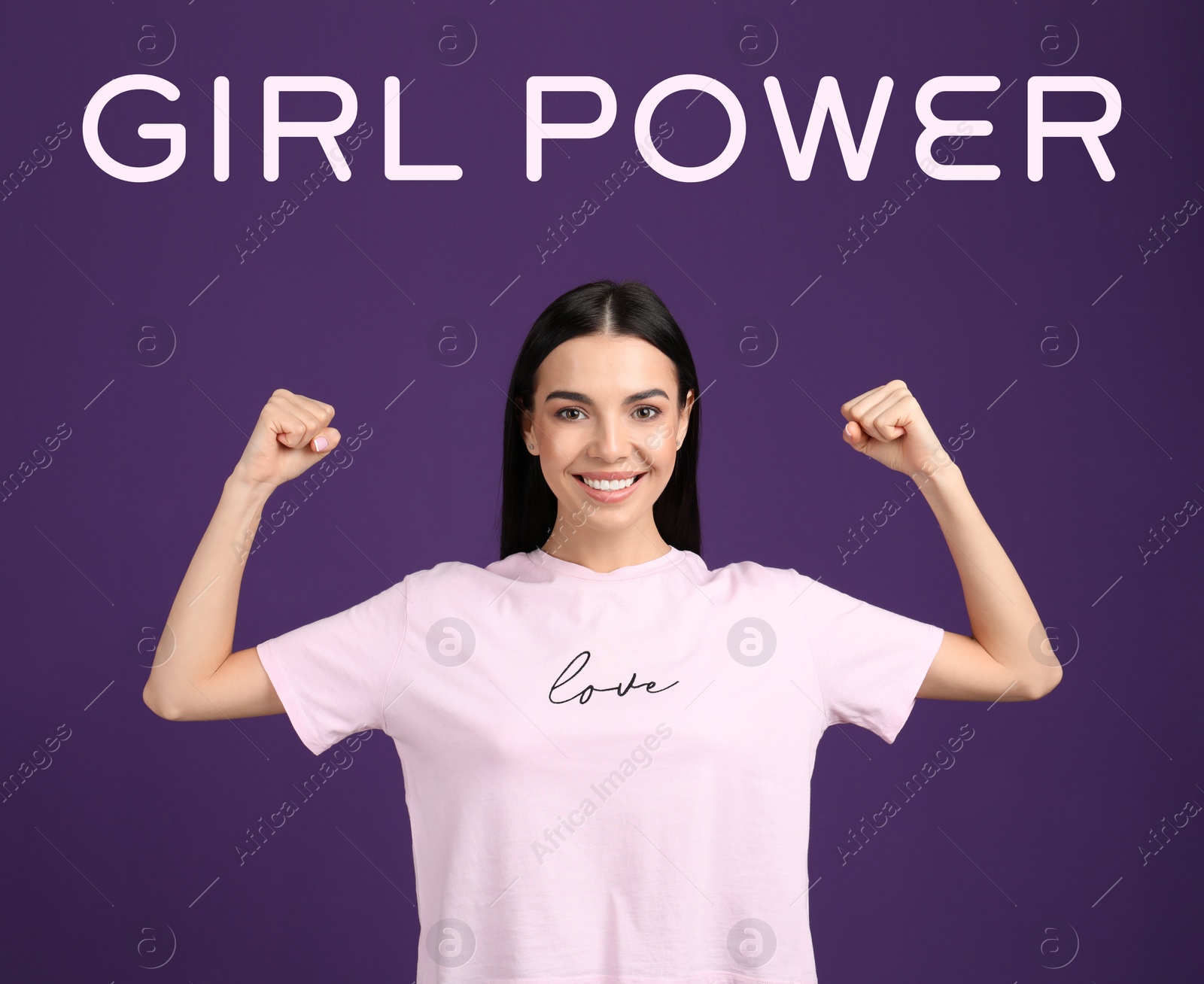 Image of 8 March greeting card. Phrase Girl Power and strong young woman on purple background