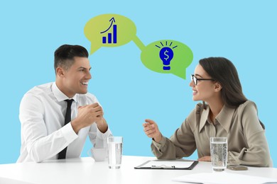 Office employees talking at table during meeting. Dialogue illustration, speech bubbles with icons on light blue background