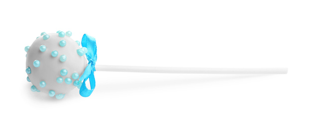 Image of Tasty cake pop with sprinkles on white background