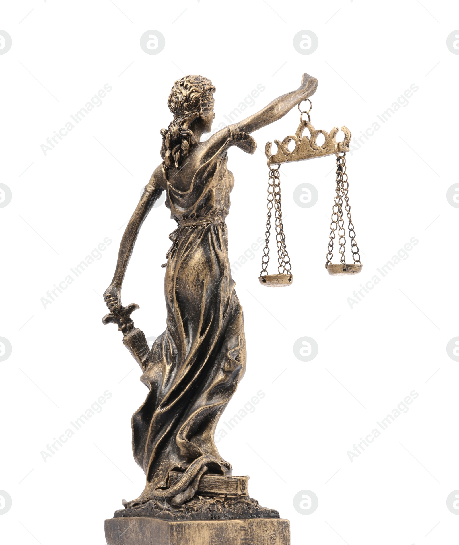 Photo of Statue of Lady Justice isolated on white. Symbol of fair treatment under law