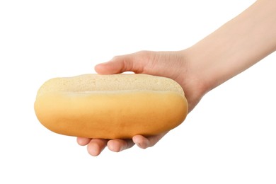 Woman with fresh hot dog bun on white background, closeup