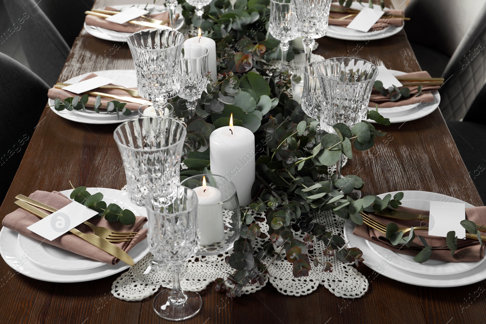 Photo of Luxury table setting with beautiful decor and blank cards. Festive dinner