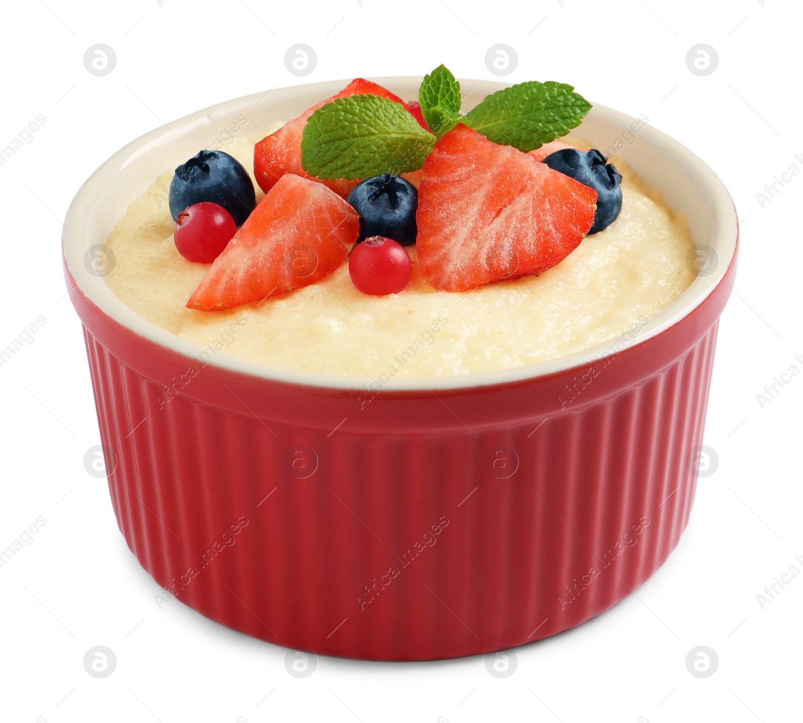 Photo of Delicious semolina pudding with berries and mint on white background