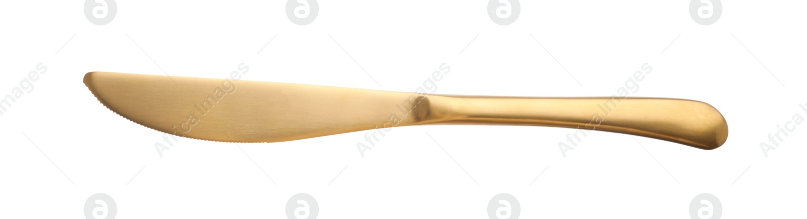 Photo of One golden knife isolated on white, top view. Piece of cutlery