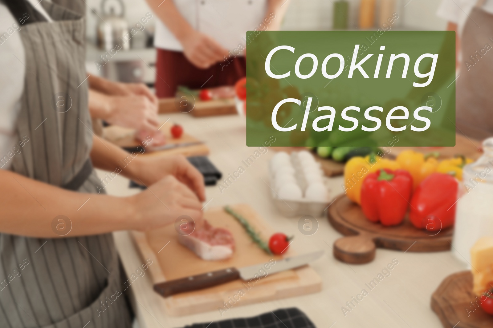 Image of Cooking classes. Blurred view of people preparing meat in kitchen, closeup
