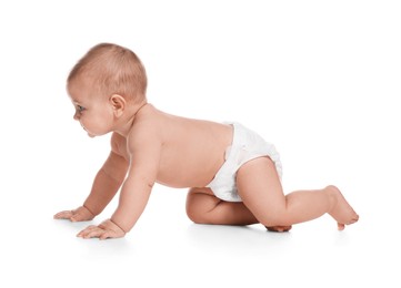 Cute little baby in diaper crawling on white background