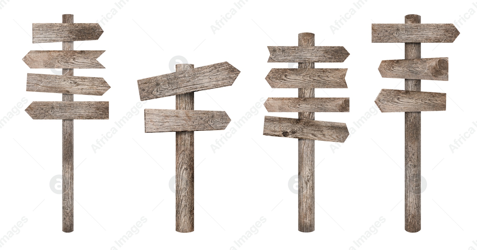 Image of Empty wooden road signs on white background